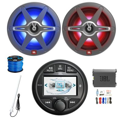 Gauge Style AM/FM/WeatherBand Radio Bluetooth Receiver, 2X 8 450 Watt 2-Way Multicolor LED Outdoor Audio Speakers, Amplifier w/Install Kit, Radio Antenna, Wire