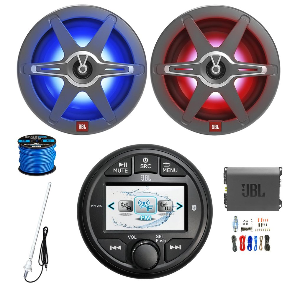 Gauge Style AM/FM/WeatherBand Radio Bluetooth Receiver, 2X 8 450 Watt 2-Way Multicolor LED Outdoor Audio Speakers, Amplifier w/Install Kit, Radio Antenna, Wire