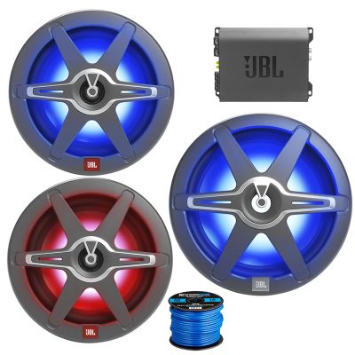 8" 450 Watt Peak Power 2-Way High-Perfomance Marine Multicolor LED Audio Speakers w/White and Gray Grilles (Pair), 12" LED Subwoofer, Amplifier, 16 Gauge 50 ft Speaker Wire