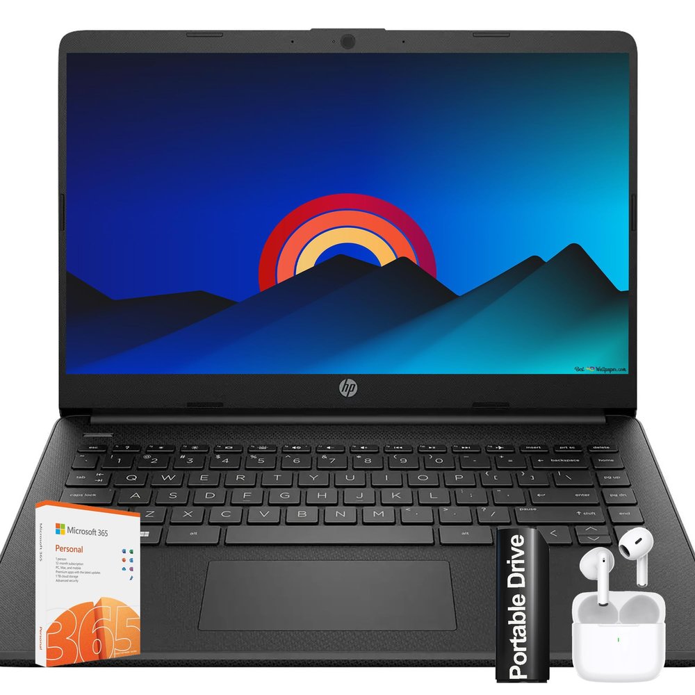 HP Sleek Portable Laptop 16GB RAM, 1.25TB Storage (128GB SSD + 128GB External + 1TB Cloud), HD Display, Windows 11, 1-Year Microsoft 365, w/Wireless Earbuds Black, Study, Work & Entertainment