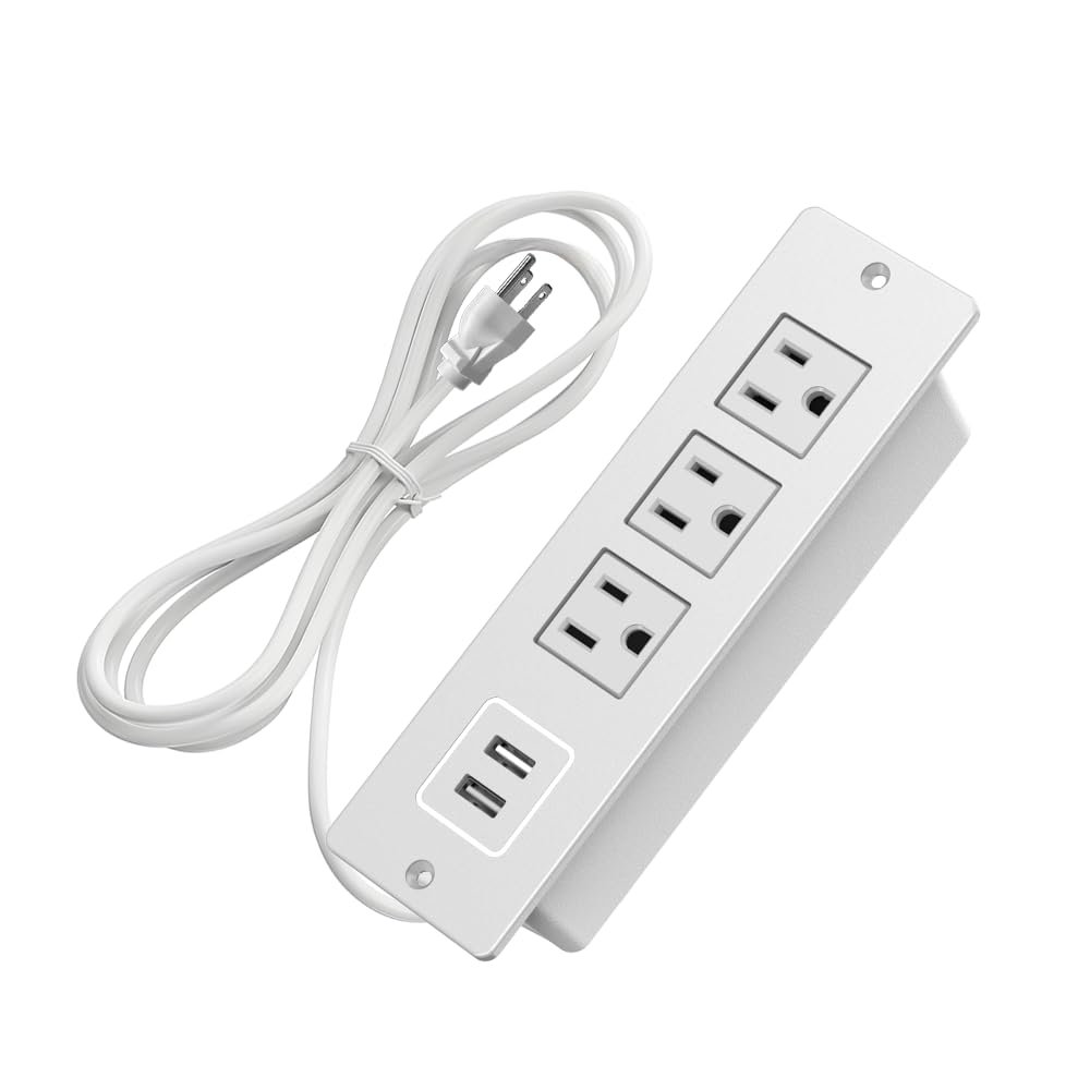 1500W Recessed Power Strip Flush Mount Power Adapter Charging Station with USB Plug Multiple Surge Protector Hidden Outlet Extender with Extension Cord for Desk Furniture Table Nightstand Bed (White)