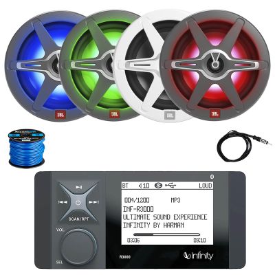 Marine Bluetooth AM/FM Radio Stereo Digital Media Receiver, 4X 8 450 Watt 2-Way Multicolor LED Audio Speakers, Antenna, Wire