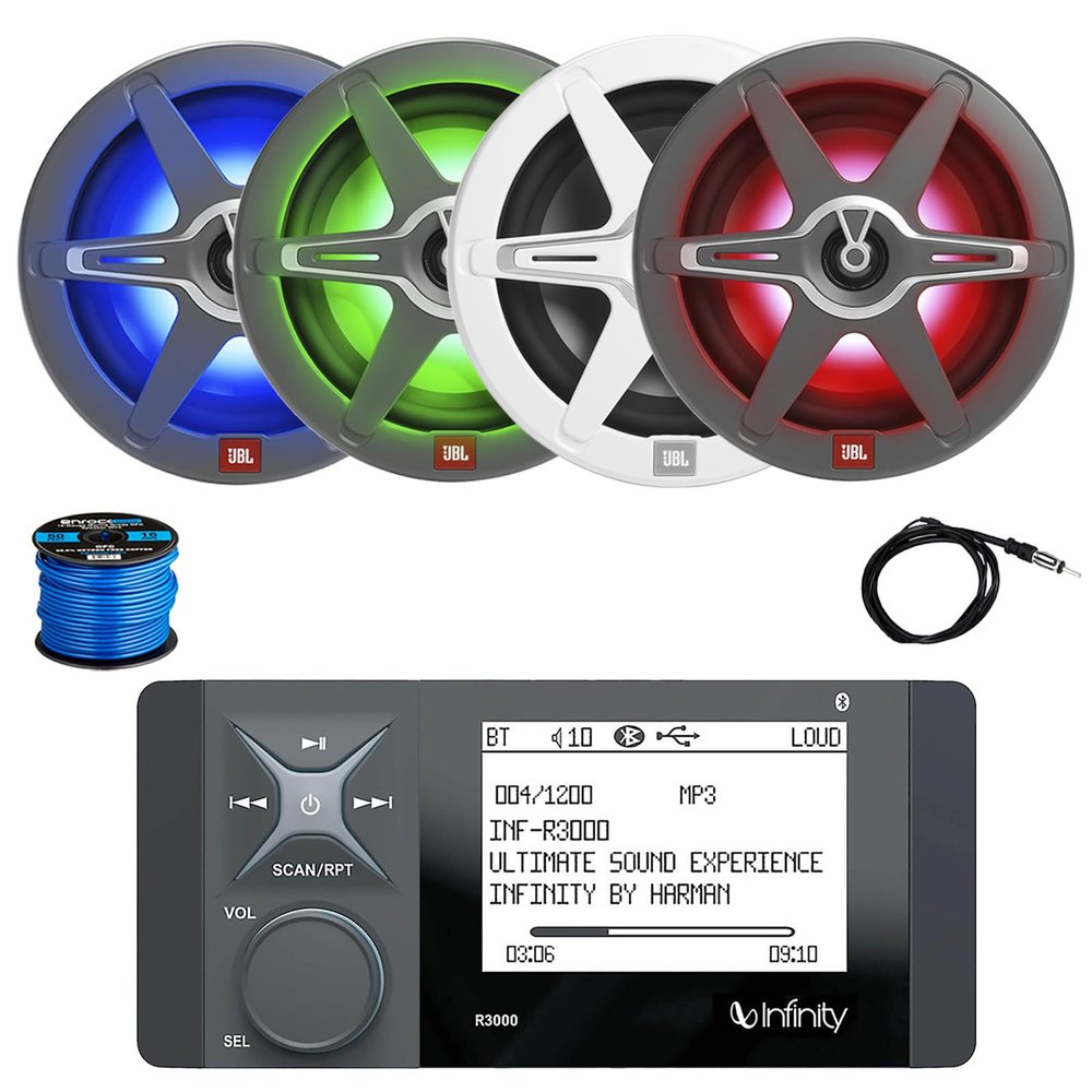 Marine Bluetooth AM/FM Radio Stereo Digital Media Receiver, 4X 8 450 Watt 2-Way Multicolor LED Audio Speakers, Antenna, Wire
