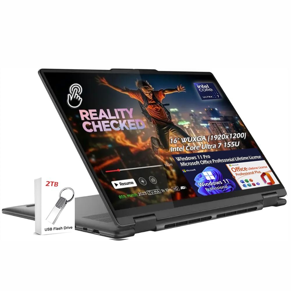 Lenovo Yoga 7i 2-in-1 Laptop, 16" WUXGA Touch 60Hz IPS 300nits, Intel Core Ultra 7 155U, WiFi6E, Backlit KB, Win11Pro Office Lifetime License, w/2TB USB Drive (16GB LPDDR5 RAM, 2TB SSD), W/GaLiMu
