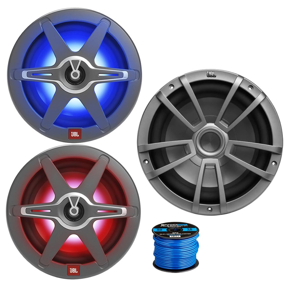 8" 450 Watt Peak Power 2-Way High-Perfomance Marine Multicolor LED Audio Speakers w/White and Gray Grilles (Pair), 10" Gray Subwoofer, 16 Gauge 50 ft Speaker Wire