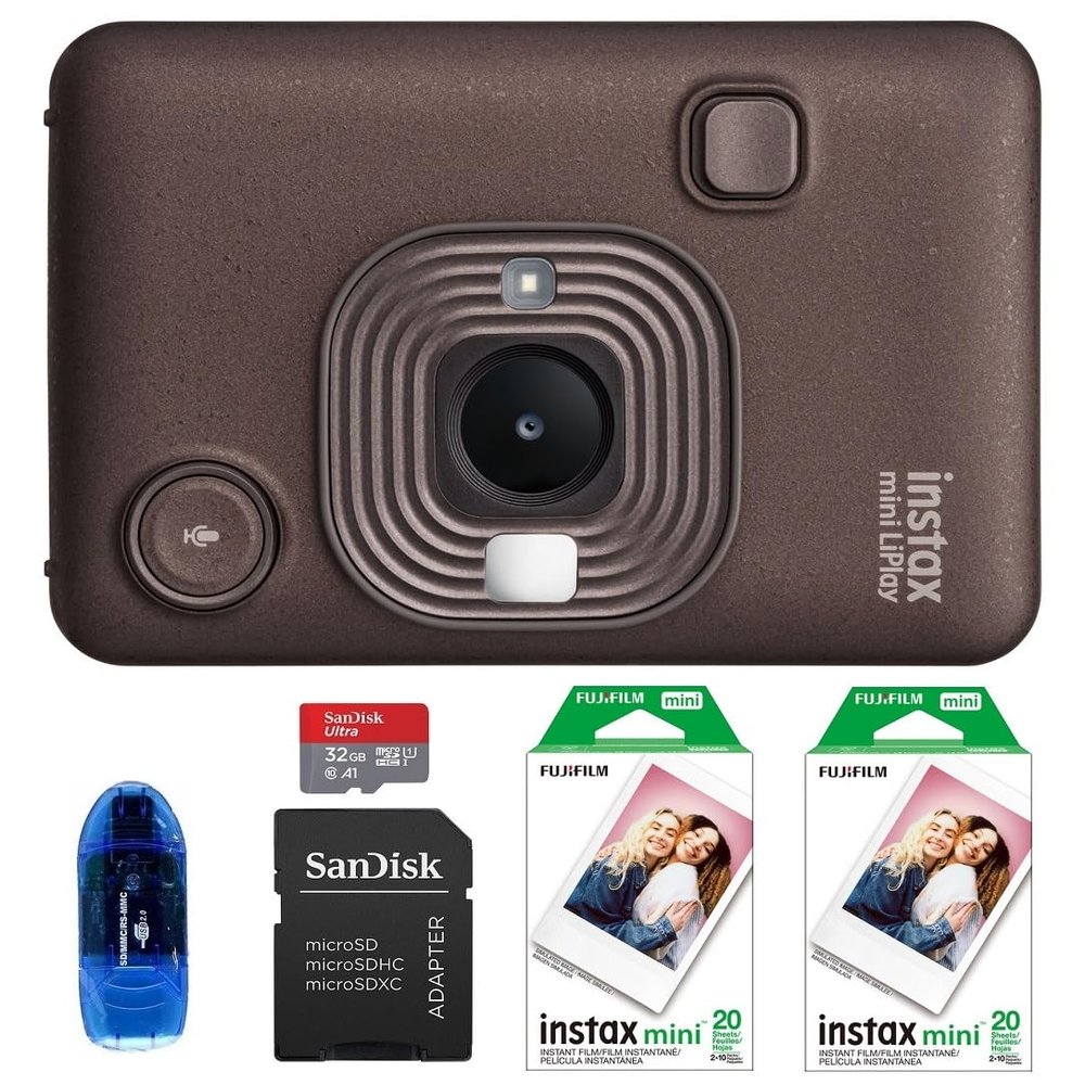 Fujifilm INSTAX MINI Liplay Hybrid Instant Camera Bundle, Includes: INSTAX MINI Instant Film (40 Exposures), 32GB MicroSD Memory Card and Card Reader (5 Items) (Deep Bronze)