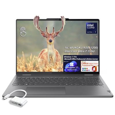 Lenovo Yoga 7i 16" WUXGA (1920x1200) IPS 300nits Touch 2-in-1 Laptop, Intel Core Ultra 7 155U, Win11Pro Office Lifetime License, WiFi6E, Backlit KB, 16GB LPDDR5X RAM 1TB SSD, w/USB 3.0 Hub, W/GaLiMu
