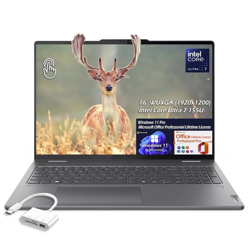 Lenovo Yoga 7i 16" WUXGA (1920x1200) IPS 300nits Touch 2-in-1 Laptop, Intel Core Ultra 7 155U, Win11Pro Office Lifetime License, WiFi6E, Backlit KB, 16GB LPDDR5X RAM 1TB SSD, w/USB 3.0 Hub, W/GaLiMu