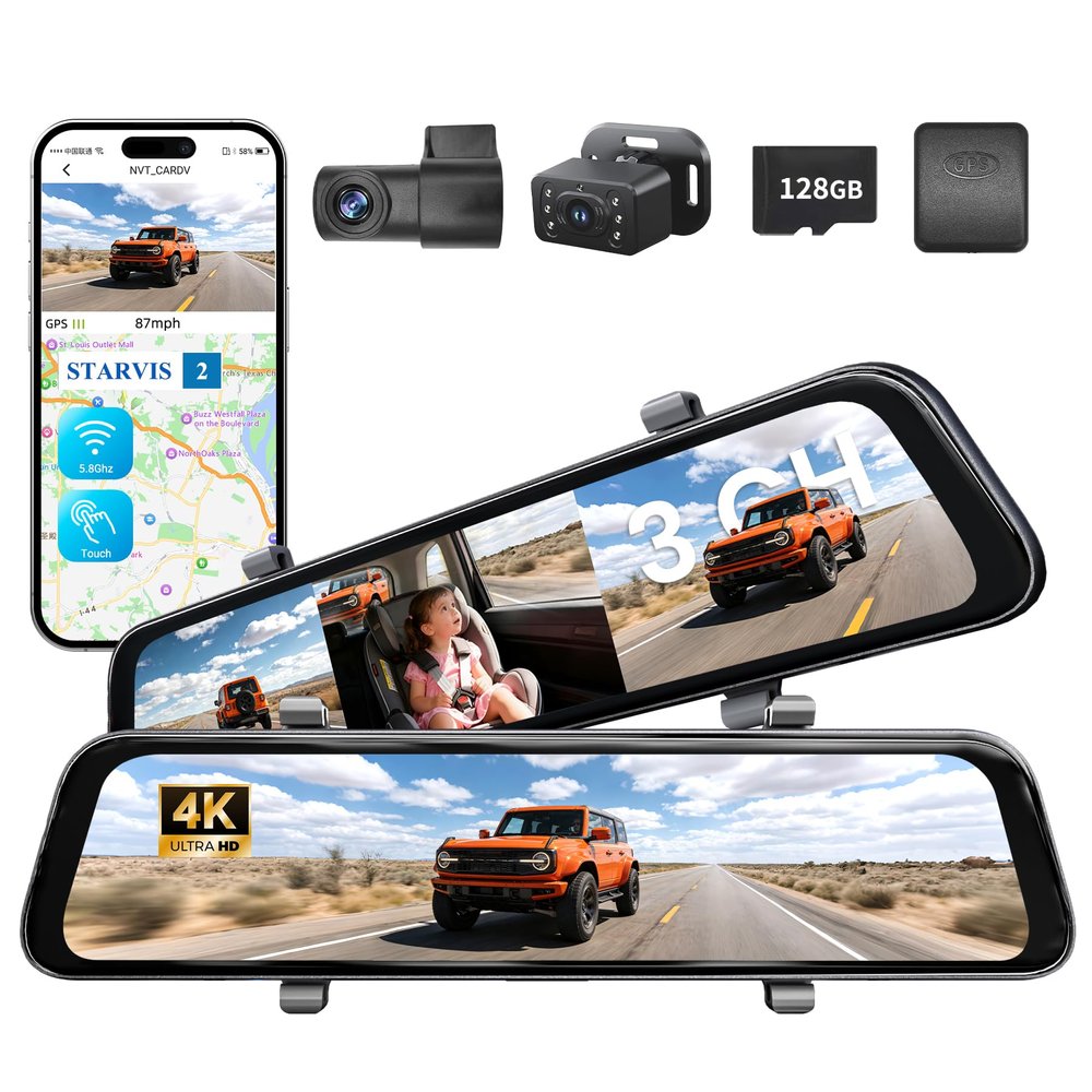 12" 4K Mirror Dash Cam with STARVIS 2 Sensor,View Rear Mirror Camera 2.5K with Back Seat Car Baby Monitor 1080P,Built-in 5.8G WiFi GPS, APP Control,Night Vision,for Family Car Safety