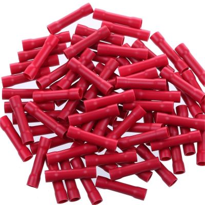 100PCS 12-10/22-16 AWG Butt Connectors - Red/Blue/Yellow Crimp Splicers | PVC Full Insulation, Stable Wire Joining, Ideal for Electrical Wiring(AWG22-16 Red 100pcs)