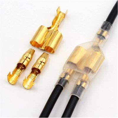 100 Sets Double Spade Connectors - 2 - to - 1 Motorcycle Wire Splice, 4mm Crimp Terminal with Heat Shrink Butt