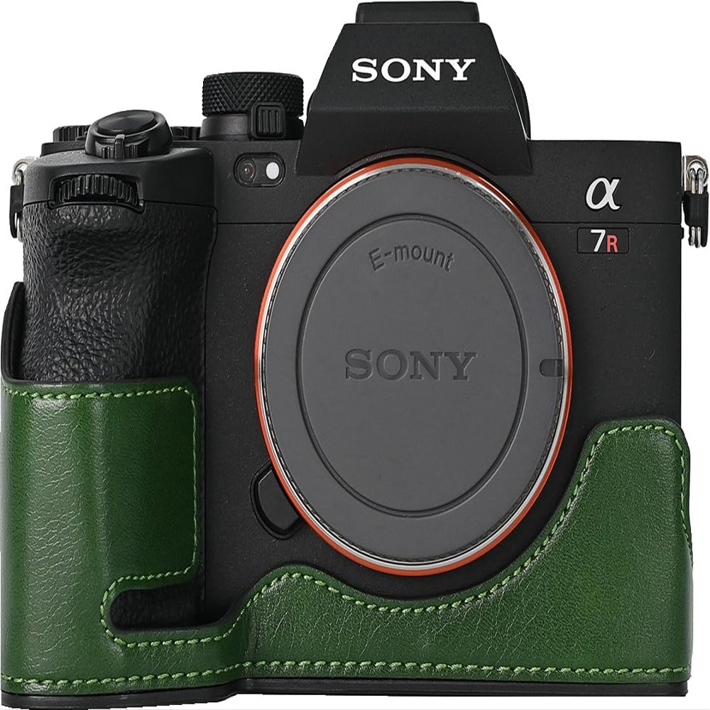 A7R V Case, PU Leather Camera Bag Bottom Opening Half Body Case Cover Shell for Sony Alpha A7R V with Neck Strap Storage Box (Green)