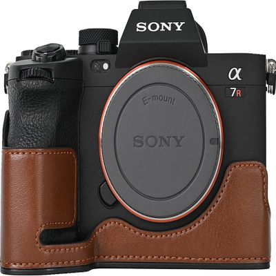 A7R V Case, PU Leather Camera Bag Bottom Opening Half Body Case Cover Shell for Sony Alpha A7R V with Neck Strap Storage Box (Coffee)