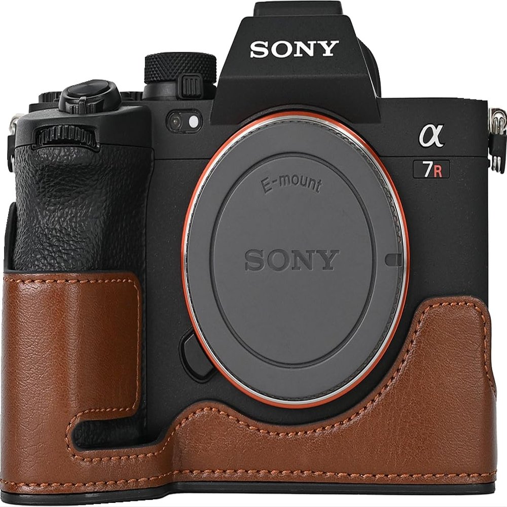 A7R V Case, PU Leather Camera Bag Bottom Opening Half Body Case Cover Shell for Sony Alpha A7R V with Neck Strap Storage Box (Coffee)