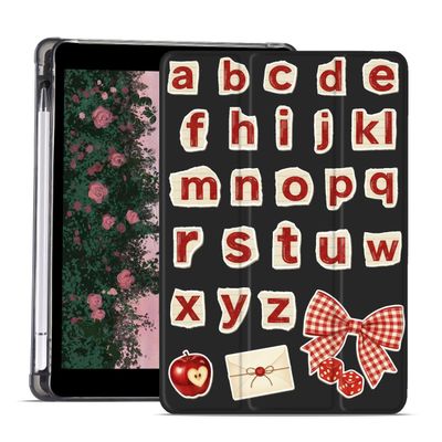 AdorableWhimsy Vintage Letters Collage Case for iPad Pro 13 Inch M4(2024) 7th Genaration Aesthetic Design Leather Protective Case Foldable Soft Back Cover with Pencil Holder
