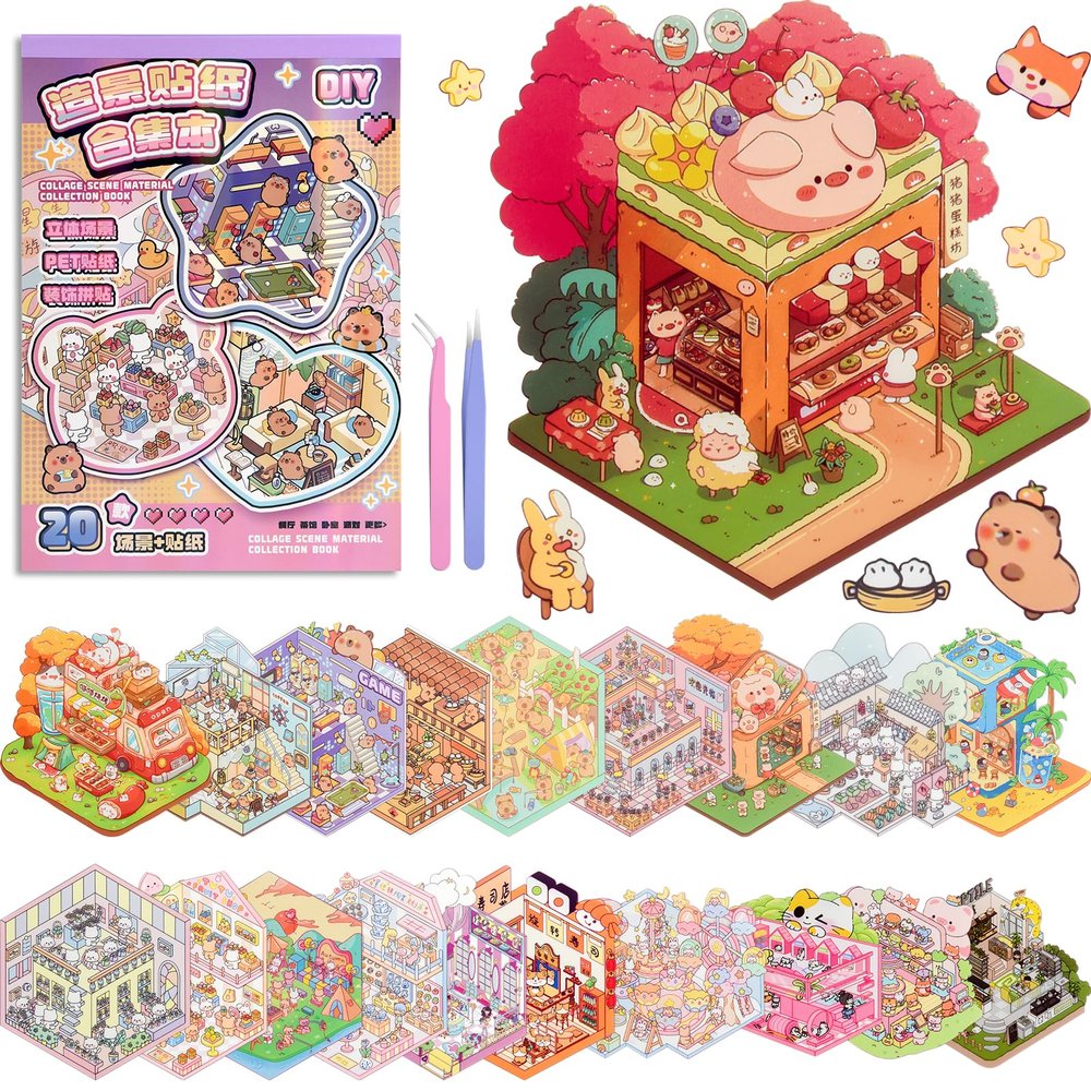 ASTARON 20Sets DIY 3D Sticker Scene Book, Make Your Own Shop House Room