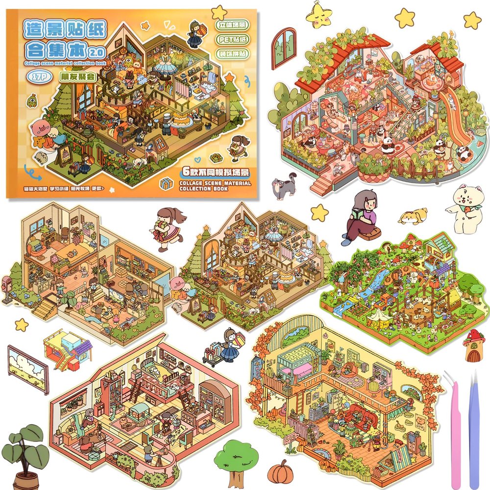 ASTARON 6 Sets DIY Large Size Sticker Scene Book, Make Own Shop Room