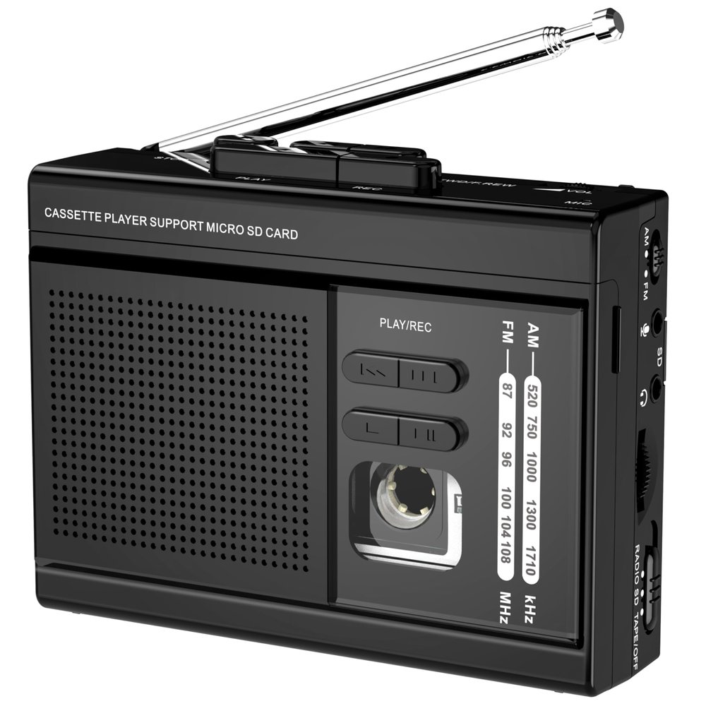 Cassette to MP3 Player via SD Card Cassette Converter with AM FM Radio,Cassette Tape Recorder,USB-C/2AA Power,Support External Microphone,3.5mm Headphone Jack for Music Playback, Students