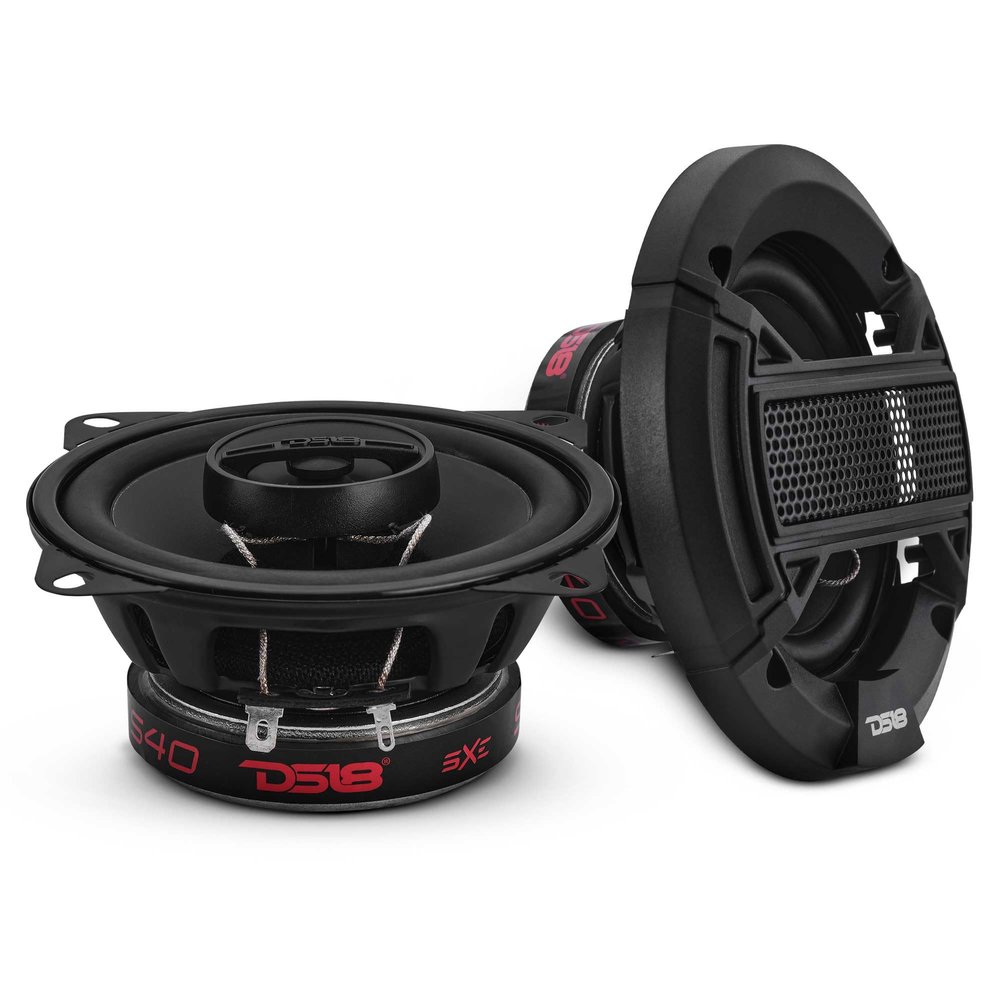 DS18 S40 4 Inch Car Audio Coaxial Speaker Pair - 120W Max (40W RMS) 4 Ohm 2-Way Coax with Grill, Black Matte Steel Basket, and Barium Ferrite Magnet - Upgrade Factory Speakers