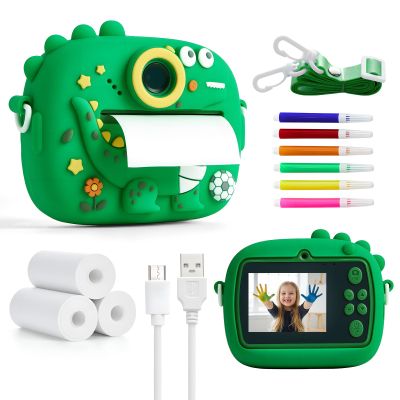 Kids Instant Print Camera with Dinosaur Silicone Cover,1080P HD Digital Video Cameras for Kids with Print Paper & SD Card,Christmas Birthday Gifts for Girls Boys 3-10 Years (Green)