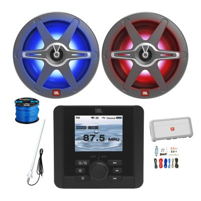 Gauge Style Bluetooth AM/FM Radio NMEA 2000 Digital Marine Receiver, 2X 8 450 Watt 2-Way Multicolor LED Outdoor Audio Speakers, Amplifier w/Install Kit, Radio Antenna, Wire