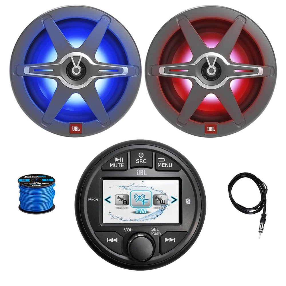 Gauge Style AM/FM/WeatherBand Radio Bluetooth Receiver, 2X 8 450 Watt 2-Way Multicolor LED Outdoor Audio Speakers, Radio Antenna, Wire