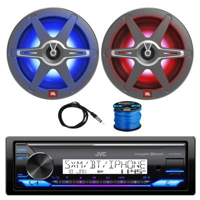 Single DIN Marine Bluetooth AM/FM Stereo Receiver, 2X 8 450 Watt 2-Way Multicolor LED Outdoor Audio Speakers, Radio Antenna, Wire