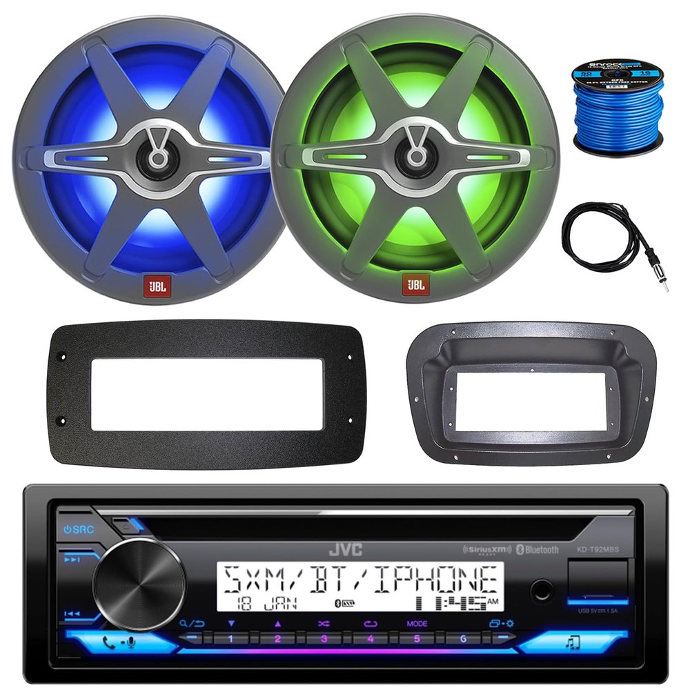 Single DIN Marine Bluetooth USB AUX AM/FM Stereo CD Player Receiver w/SPA Bezel, Adapter Plate, 2X 8 450 Watt 2-Way Multicolor LED Audio Speakers, Antenna, Wire