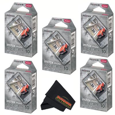 Fujifilm Instax Mini Film Variety Pack 5 Unique Styles for Instax Cameras + Bonus Sunshine Photo Microfiber Cleaning Cloth... (Stone Gray - (5 Pack X 10 Sheets))