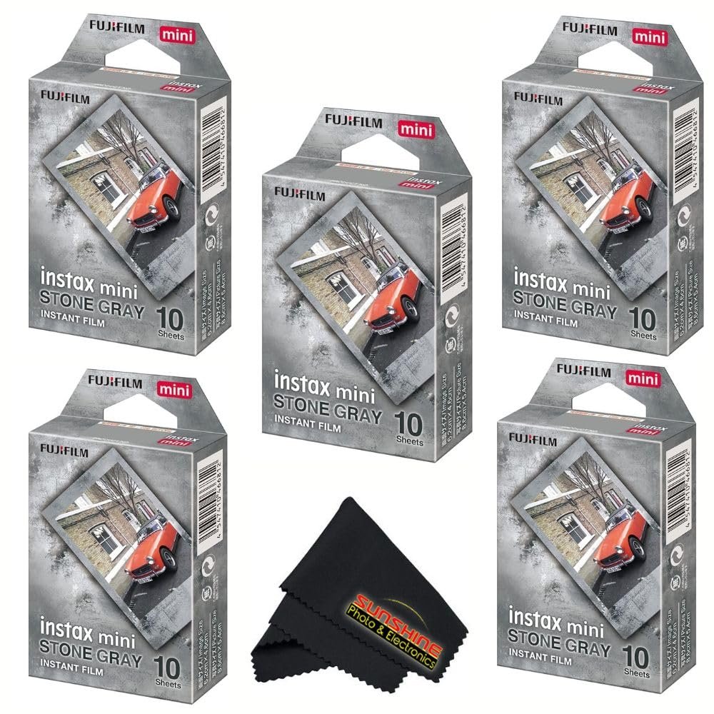 Fujifilm Instax Mini Film Variety Pack 5 Unique Styles for Instax Cameras + Bonus Sunshine Photo Microfiber Cleaning Cloth... (Stone Gray - (5 Pack X 10 Sheets))
