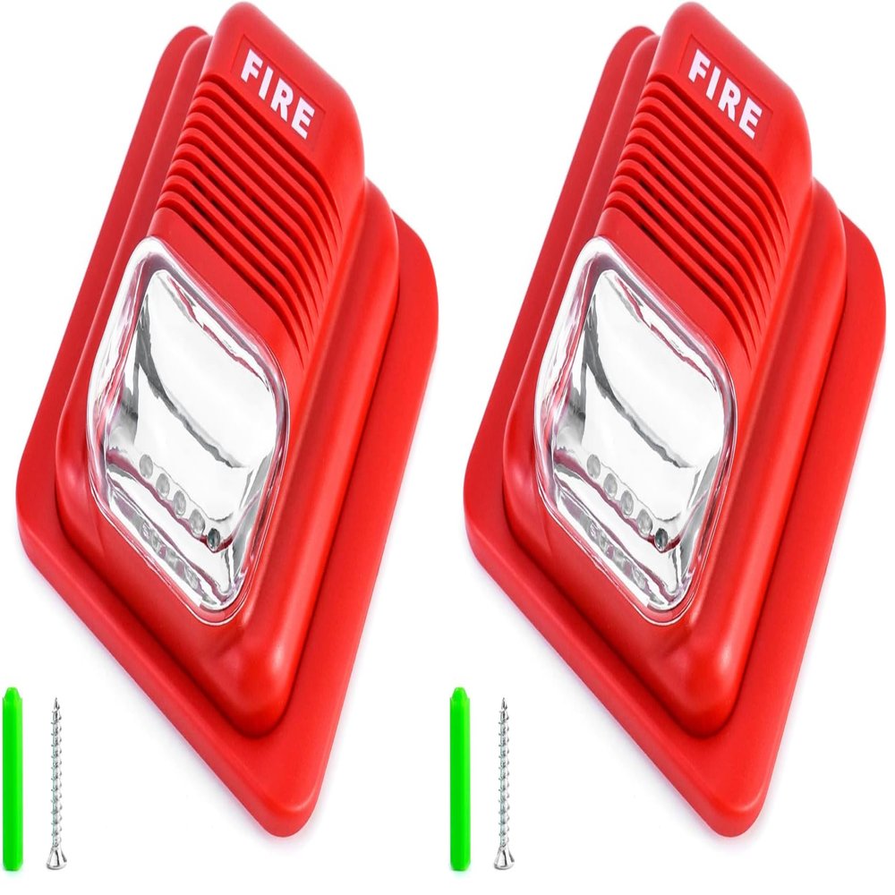 QWORK Fire Alarm, 12 / 24V DC Wired Sound and Light Fire Alarm Warning Strobe Siren Horn, Security System Sensor (Pack of 2)