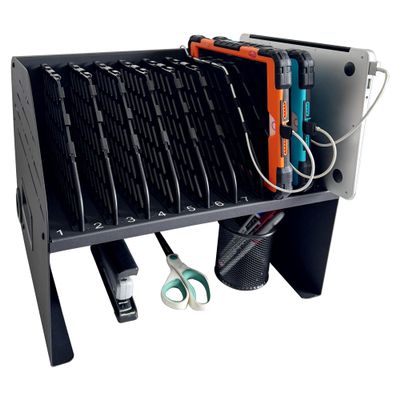 Plugsharge Laptop Charging Station for Classroom, Office, or Home, 10-Device Organizer with 6 AC Outlets & 4 Fast-Charging USB Ports, Fits Laptops, Tablets & E-Readers up to 1.3" Thick, 15.6"