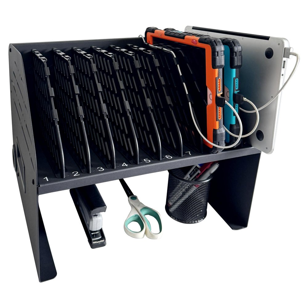 Plugsharge Laptop Charging Station for Classroom, Office, or Home, 10-Device Organizer with 6 AC Outlets & 4 Fast-Charging USB Ports, Fits Laptops, Tablets & E-Readers up to 1.3" Thick, 15.6"