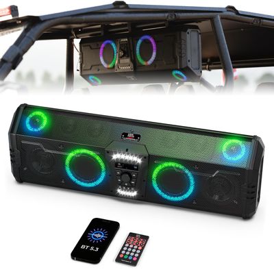 KEMIMOTO Midnight 90 UTV Sound System All-in-One Audio Roof Speaker w/FM Radio and Dual 5.25" Woofer RGB, BT5.3 800W Max IP66 Waterproof Compatible with Polaris RZR Can Am, Roll Bar Mounted Only