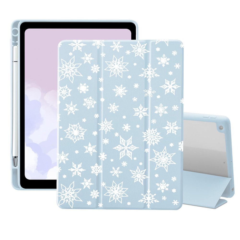 AdorableWhimsy Winter Snowflakes Case for iPad 9th/7th/8th Generation (2021/2020/2019, 10.2 Inch) Christmas Cute Design Aesthetic Girly Trifold Stand Pink Leather Cover Clear Back