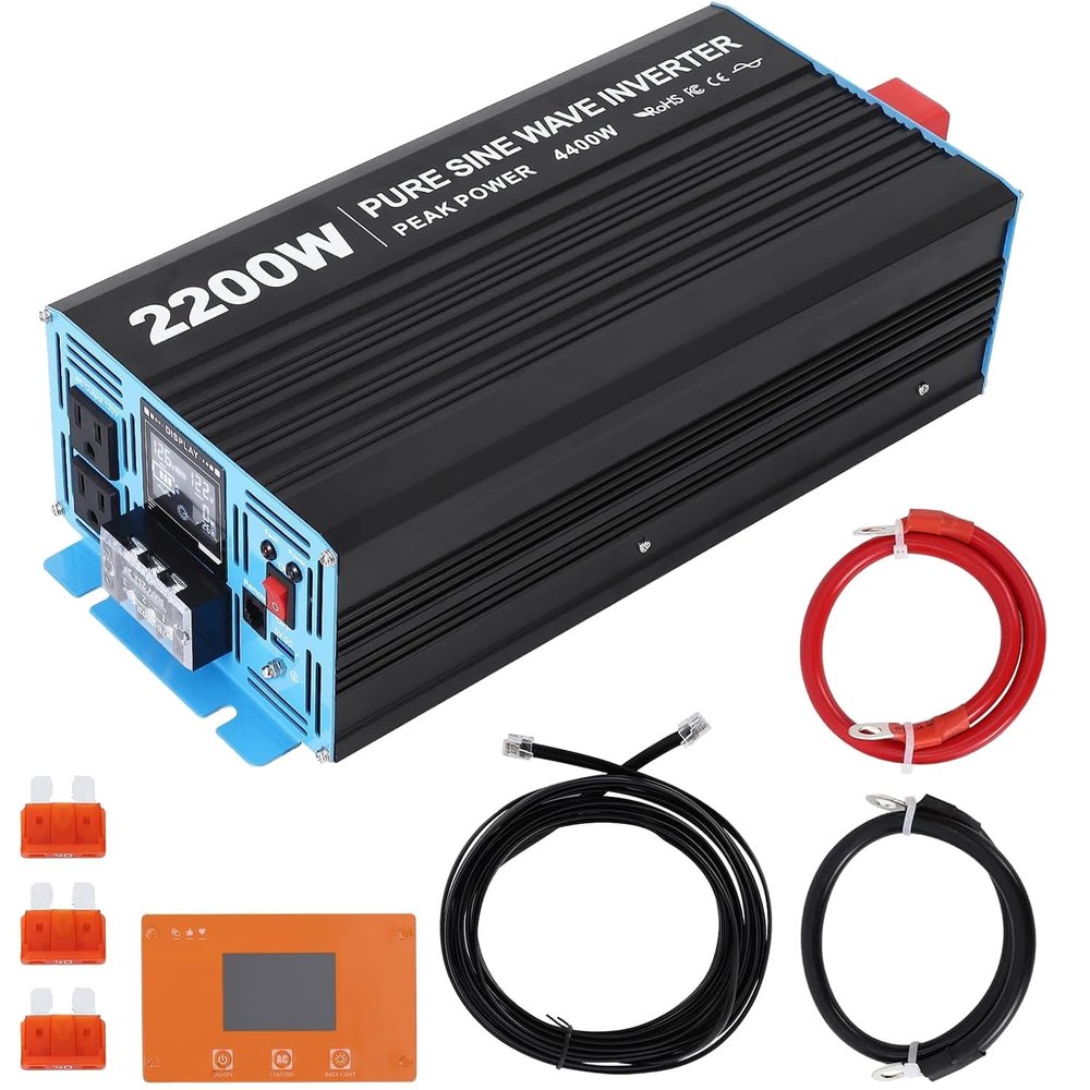 2200W Pure Sine Wave Power Inverter 12V to 110V/120V DC to AC with LCD Display, Remote Controller 2 x AC Outlets & 2.4A USB Car Adapter for Car Truck Boat RV Solar System