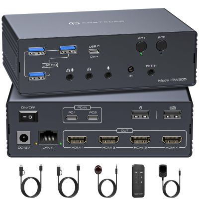 ATLAHET Thunderbolt KVM Switch Docking Station for Macbooks 4 Monitors 2 Computers HDMI 4K60Hz Displaylink USB C Dock for Laptops/Desktop Share 4xHDMI USBA/C Ethernet Audio Support Extended/Copy Mode