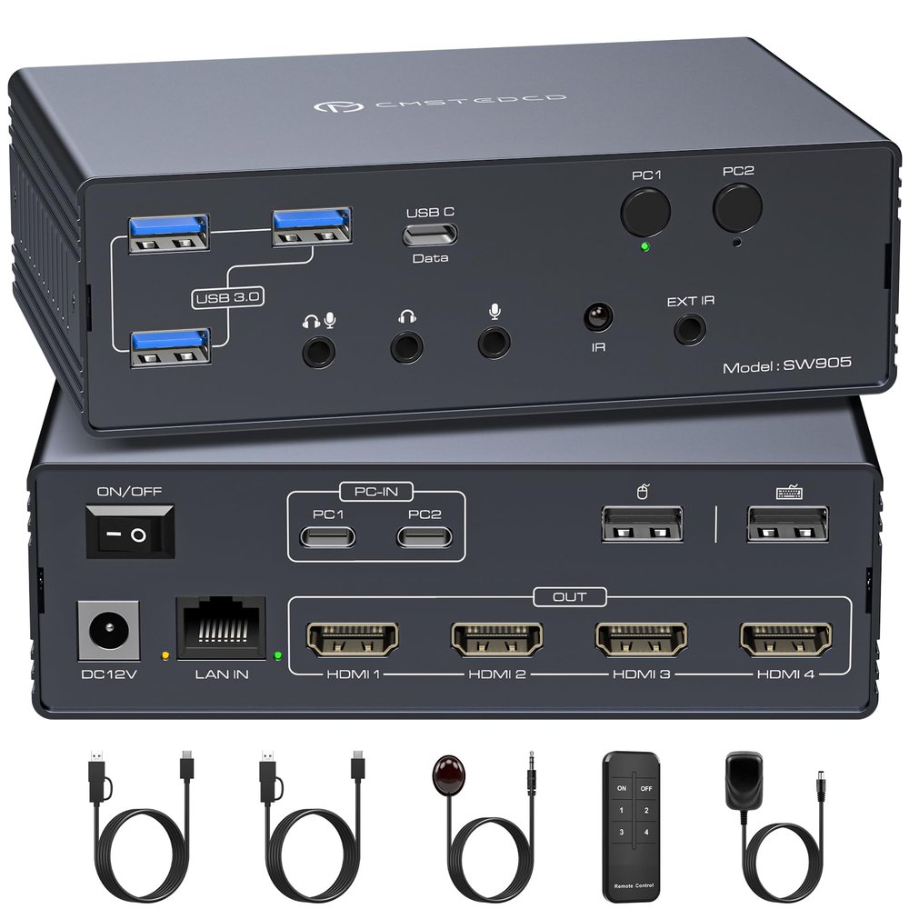 ATLAHET Thunderbolt KVM Switch Docking Station for Macbooks 4 Monitors 2 Computers HDMI 4K60Hz Displaylink USB C Dock for Laptops/Desktop Share 4xHDMI USBA/C Ethernet Audio Support Extended/Copy Mode