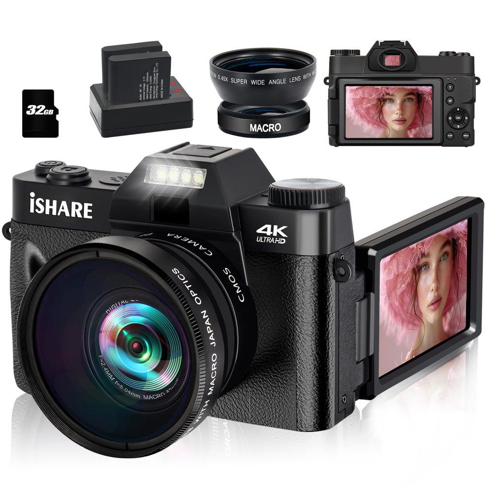 ISHARE 4K Digital Camera for Photography, 56MP Vlogging Camera for YouTube with WiFi, 3-inch 180-degree Flip Screen, 16X Digital Zoom, Wide Angle & Macro Lens, 32GB TF Card and 2 Batteries