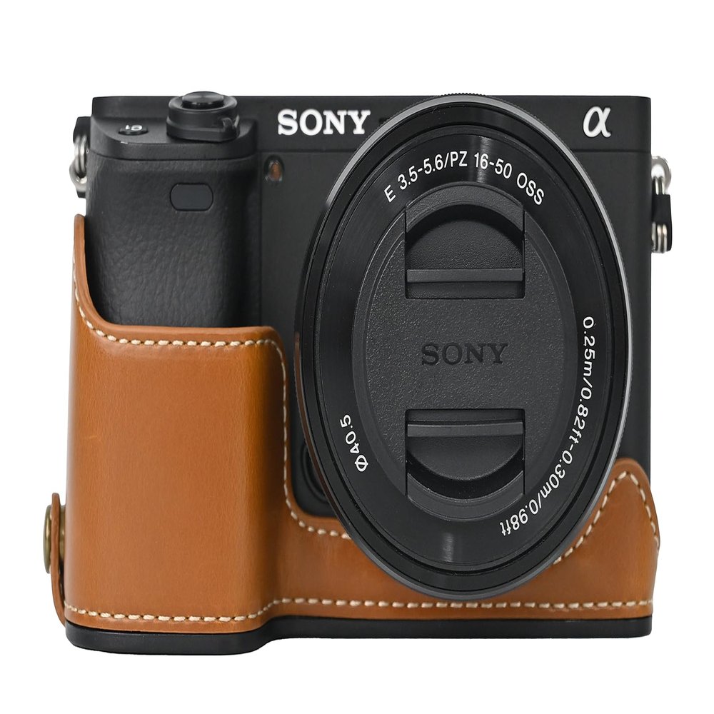 A6400 Case, PU Flat Leather Camera Bag Bottom Opening Half Body Case Cover Shell for Sony Alpha A6400 with Hand Wrist Strap (Brown)