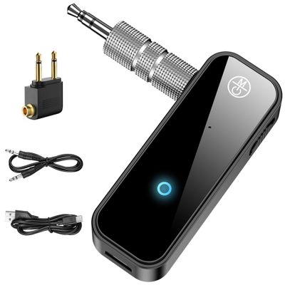 AUX Bluetooth 5.0 Adapter for Car, 2 in 1 Wireless Transmitter and Receiver for Flight Headphones Home Audio Speaker, Portable Audio Bluetooth Receiver (with Aircraft, AUX and Cable)
