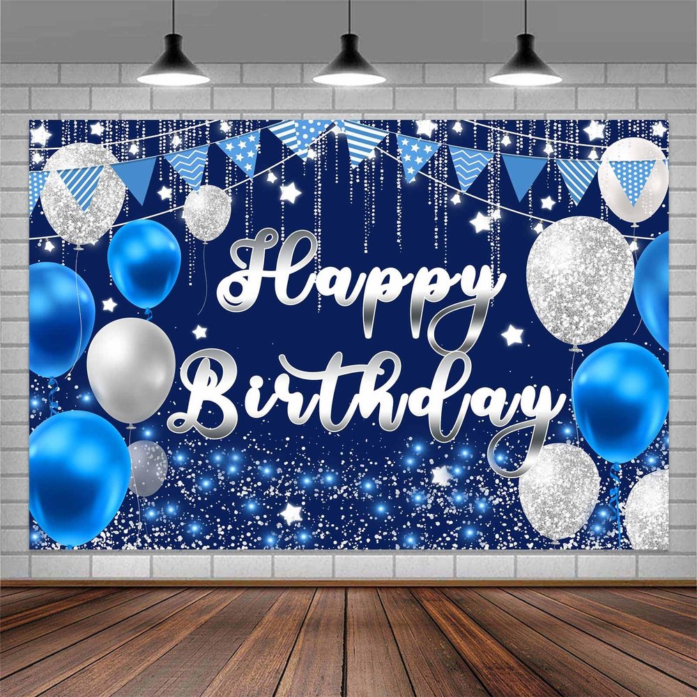 20x10ft Happy Birthday Backdrop, Blue Sliver Birthday Party Backdrop Decorations for Men Women Boys Girls, Welcome Background Sign Theme Party Decorations Indoor Outdoor Photo Studio Props