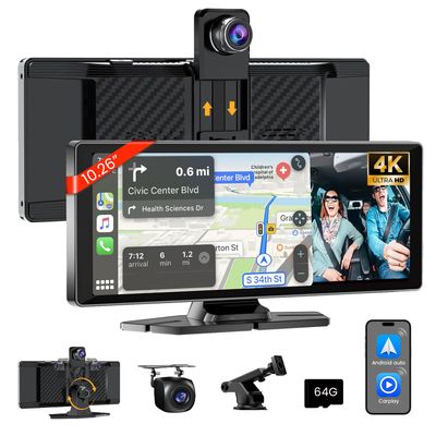 10.26" HD Carplay Screen for Car Stereo, 4K Dash Cam Wireless Portable Touch Screen Car Play with Apple Carplay & Android Auto with 1080P Back Up Camera, Bluetooth, Mirror Link, GPS, AUX+64GB