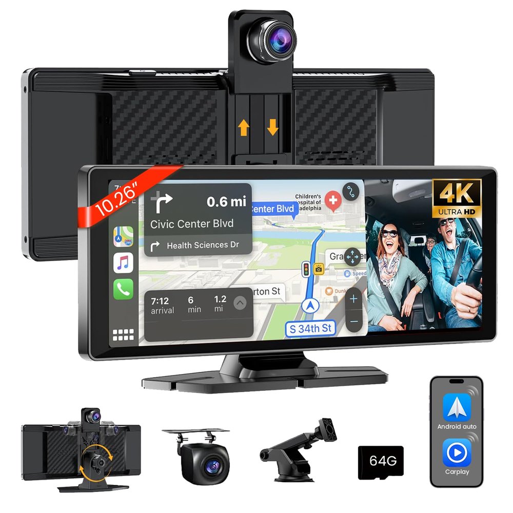 10.26" HD Carplay Screen for Car Stereo, 4K Dash Cam Wireless Portable Touch Screen Car Play with Apple Carplay & Android Auto with 1080P Back Up Camera, Bluetooth, Mirror Link, GPS, AUX+64GB