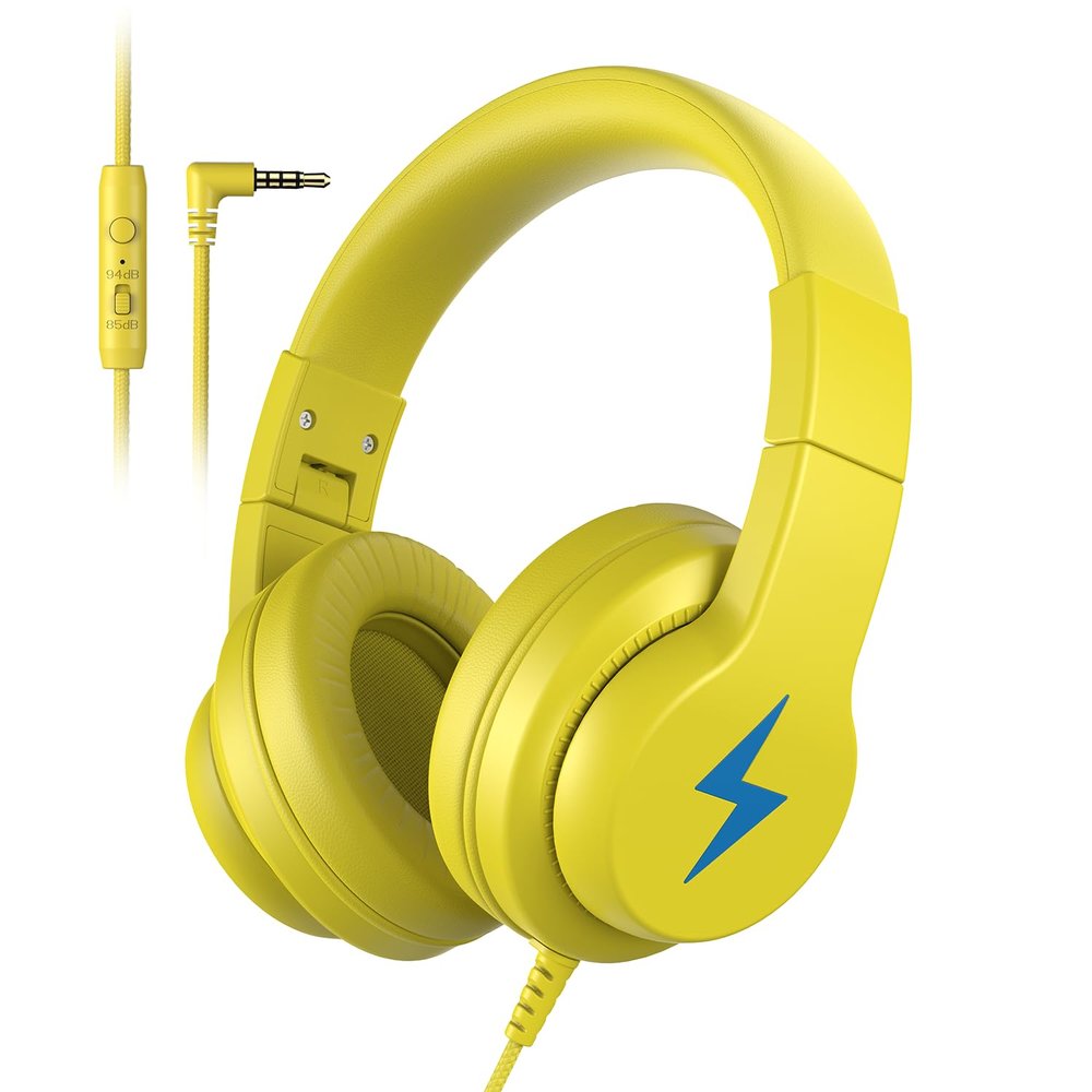 Candy Bila Kids Headphones, Wired Headphones for Kids Over Ear with Microphone, 85/94dB Volume Limiter Headphone for Girls Boys, Foldable Headphone for Learning & Entertainment, Yellow