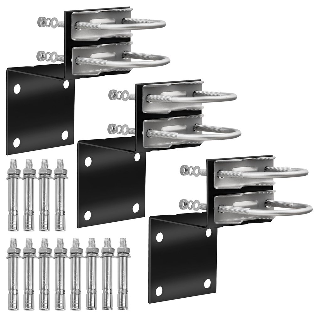 MOOKEERF Antenna Pole Mount Bracket Kits - 3 Set Black-Coated Antenna Pole Mast Mount Bracket with Double U-Bracket Assembly + 4 Screws for Outside Home Antenna Pole Holder