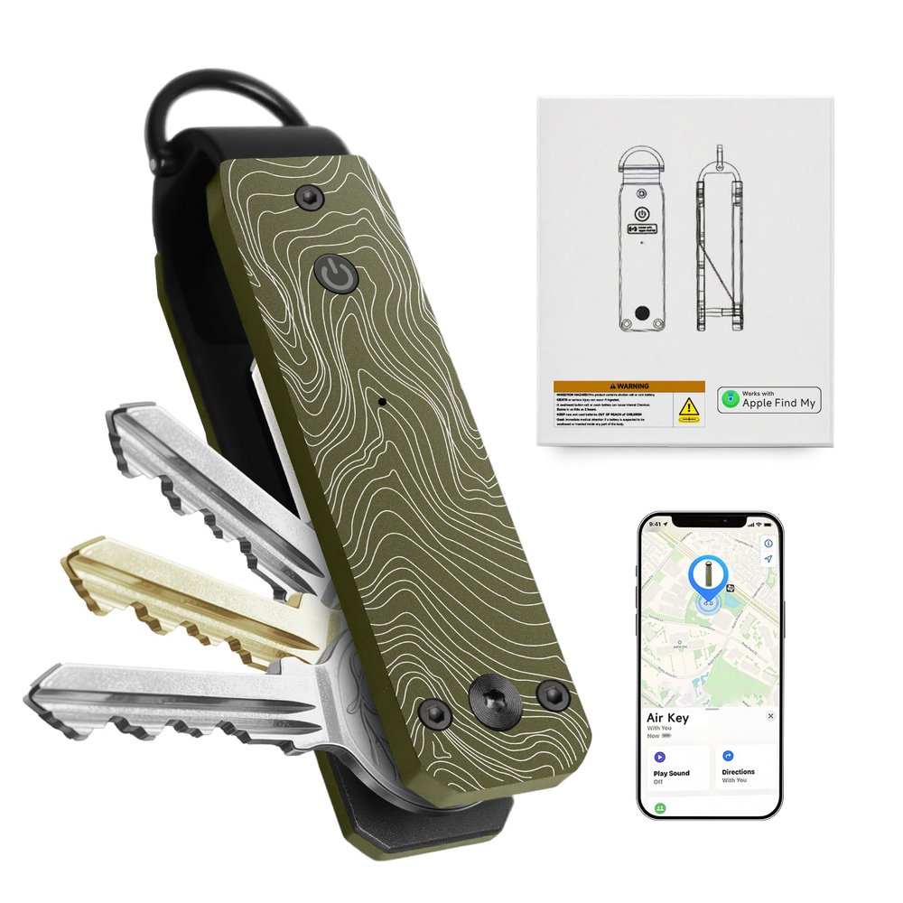 Keychain, Works with Apple Find My (iOS Only), Minimalist Metal Compact Key Organizer, Car Key Chains with GPS Tracker, Key Finder, Key Holder for Keychain, Up to 5 Keys, Striped Olive Green