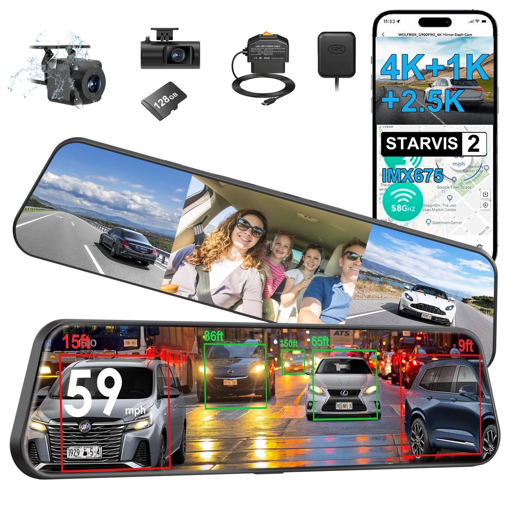 12" 3 Channel 4K Rearview Mirror Dash CamSTARVIS 2 IMX675 Night Vision,4K+1080P+2.5K Front Inside and Rear View Mirror Camera BSD 5.8GHz, Voice Control, 24H Parking Mode, G Sensor, 128G Card& GPS