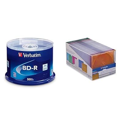 Verbatim BD-R 25GB 16X 50 Discs Spindle + 50 Slim Storage Cases Assorted Colors Data & Music Recording Bundle