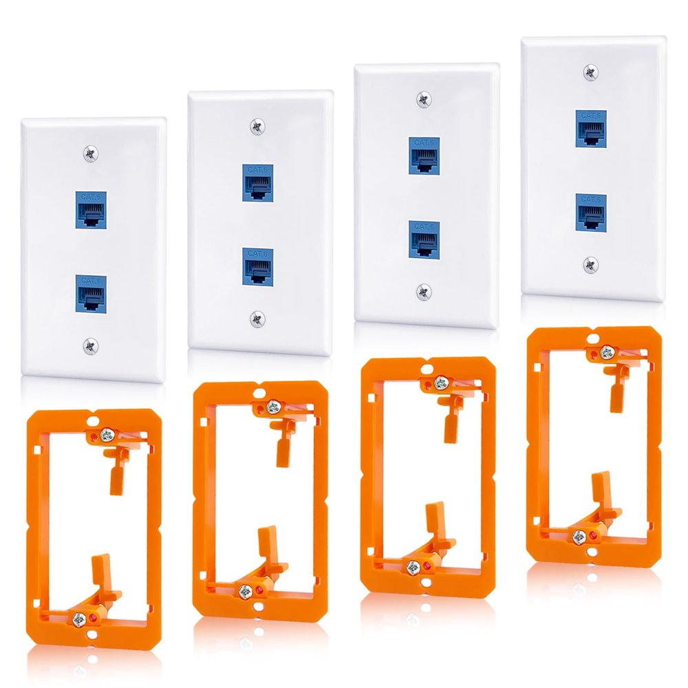 ANONION 4 Pack Ethernet Wall Outlet, 2-Port RJ45 Keystone Jack with Single Gang Low Voltage Mounting Bracket, Cat6 Ethernet Wall Plate Blue Coupler Female to Female Network Cable Cover